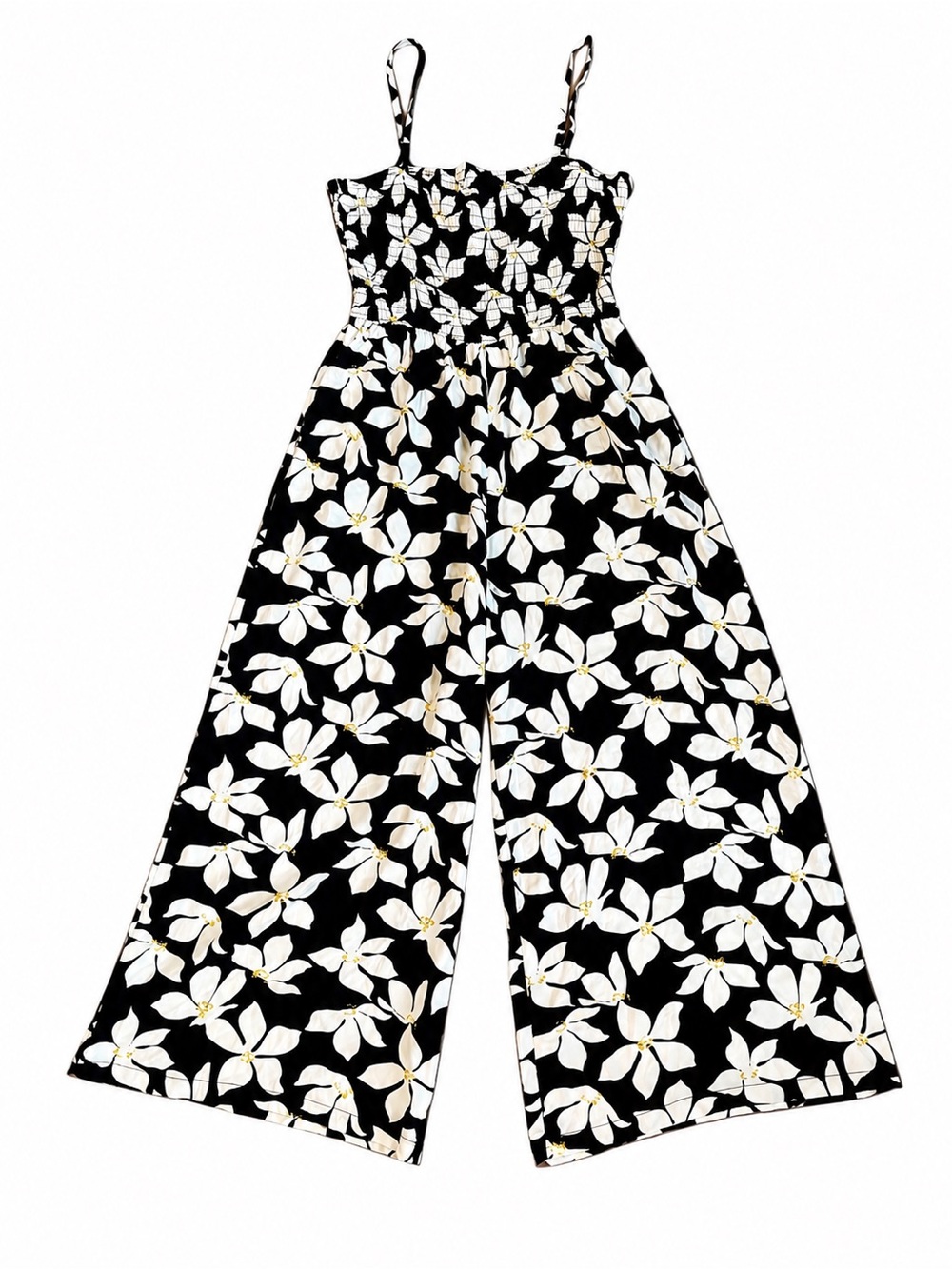 As U Wish Black Floral Wide-Leg Smocked Jumpsuit